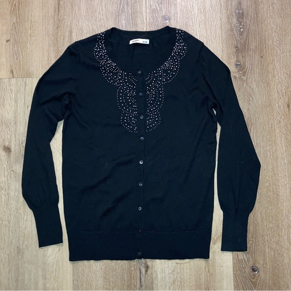 Old Navy Black Sweater with Beaded Detail Size Medium | Cardigan Preppy - Picture 4 of 14